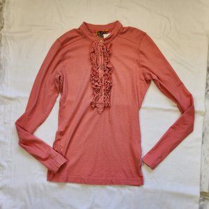 Tory Burch Long Sleeve Blouse Peach Pink Size Small Ruffle Gold Button Down